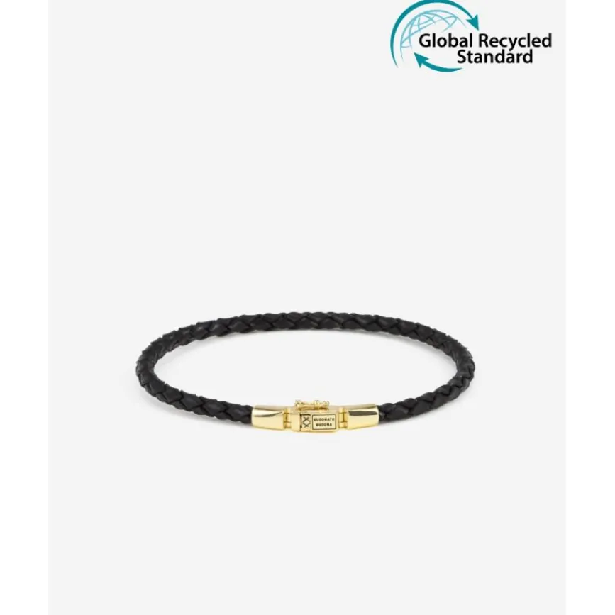 Buddha to Buddha George Mini Leren Armband Zwart Verguld Zilver New